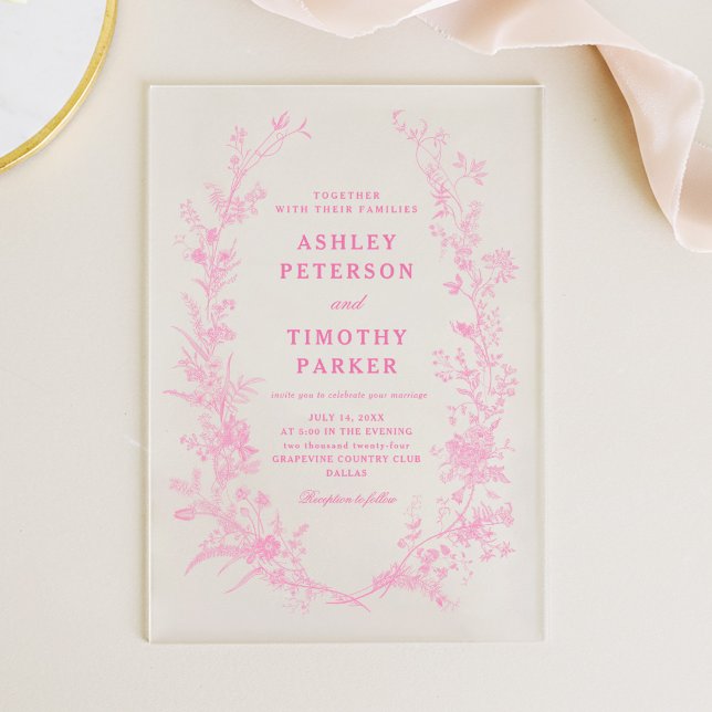 Elegant French Pink Toile Floral Wedding Acrylic Invitations (Creator Uploaded)