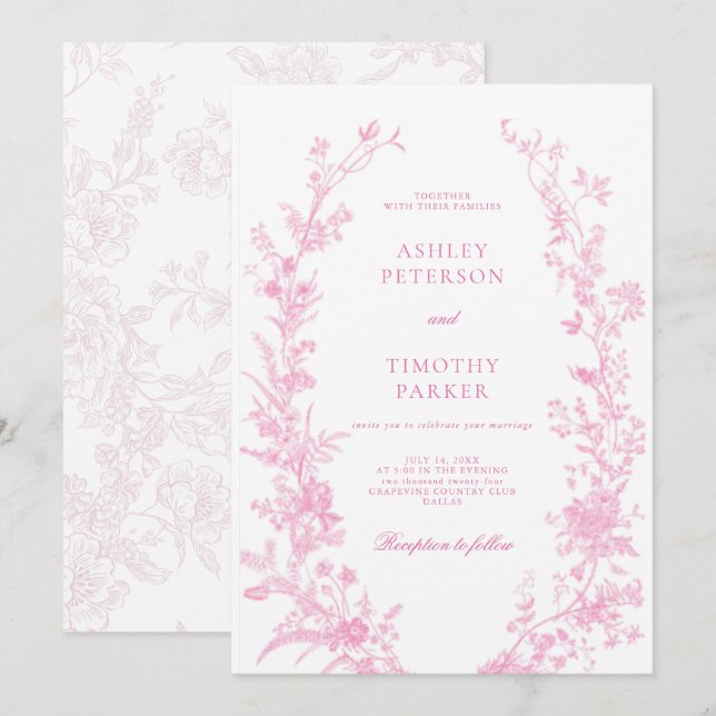 Elegant French Pink Toile Floral Wedding  Invitation (Front/Back)