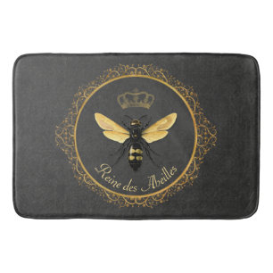 Elegant French Queen Bee Gray Gold Yellow Bath Mat