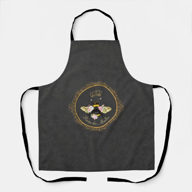 Elegant French Queen Bee Pink Roses Grey Gold Apron (Front)