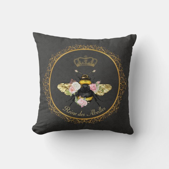 Elegant French Queen Bee Pink Roses Grey Gold Cushion (Front)