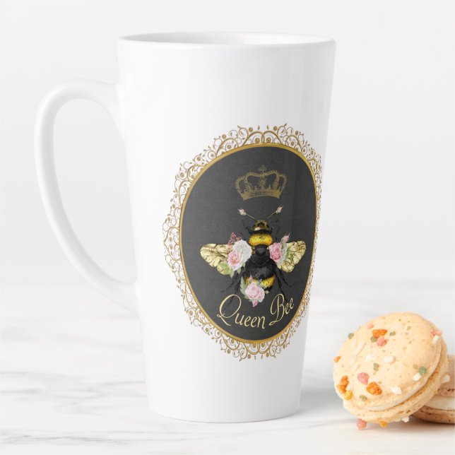 Elegant French Queen Bee Pink Roses Grey Gold Latte Mug (In Situ)