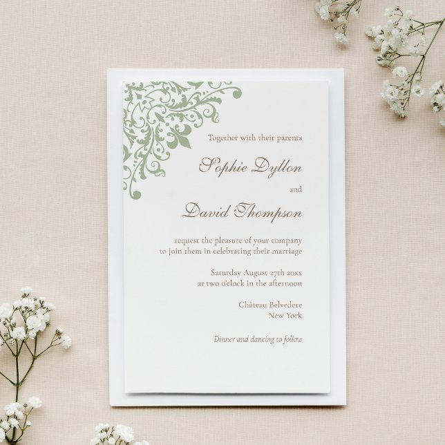 Elegant French Regency Green Fleur de Lis Pattern Invitation (Creator Uploaded)