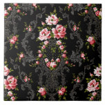 Elegant French Rococo Floral-Black Background  Ceramic Tile<br><div class="desc">Elegant,  romantic and ornate vintage French Rococo style seamless floral featuring pink roses and decorative silver scrollwork on black background.</div>
