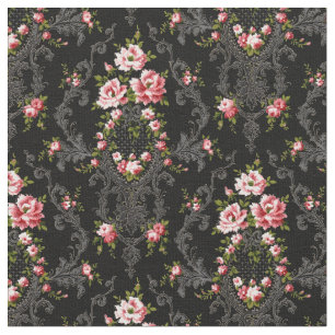 Elegant French Rococo Floral-Black Background Fabric