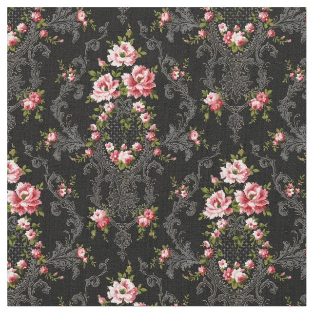 Elegant French Rococo Floral-Black Background Fabric (Close Up)