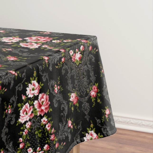 Elegant French Rococo Floral-Black Background  Tablecloth (In Situ)