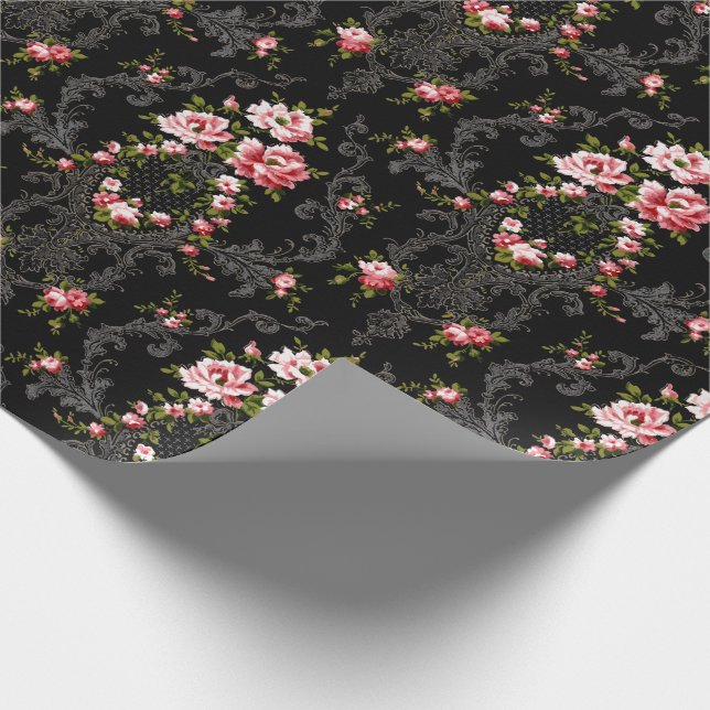 Elegant French Rococo Floral-Black Background  Wrapping Paper (Corner)