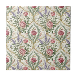 Elegant French Rose & Lavender Floral Pattern Art Ceramic Tile