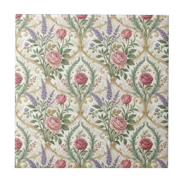 Elegant French Rose & Lavender Floral Pattern Art Ceramic Tile (Front)