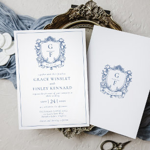 Elegant French Roses Blue Monogram Crest Wedding Invitation