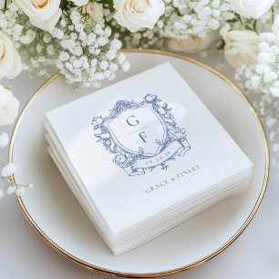 Elegant French Roses Blue Monogram Crest Wedding Napkin