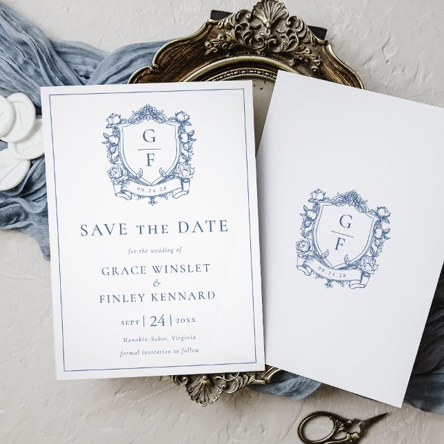 Elegant French Roses Blue Monogram Crest Wedding Save The Date (Creator Uploaded)