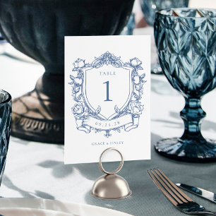 Elegant French Roses Blue Vintage Crest Wedding Table Number