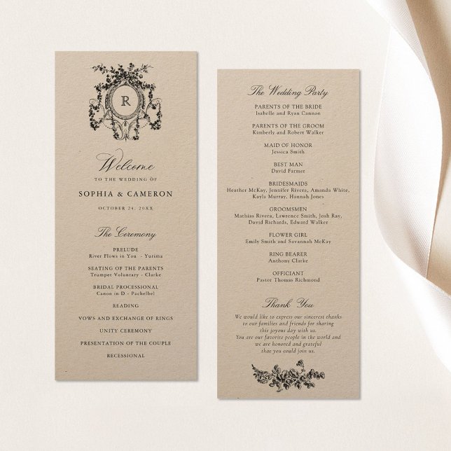 Elegant French Roses Crest Kraft Paper Wedding Program (Creator Uploaded)