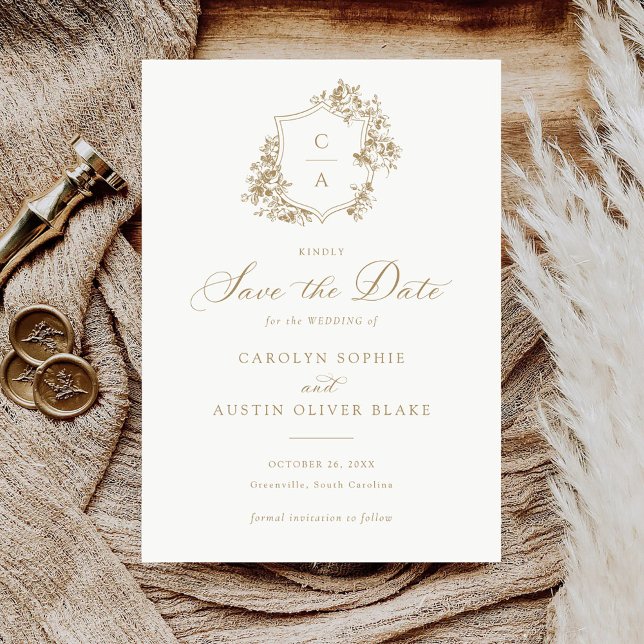 Elegant French Roses Floral Crest Save Date Card (Creator Uploaded)