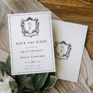 Elegant French Roses Floral Monogram Crest Wedding Save The Date