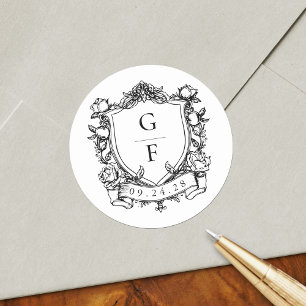 Elegant French Roses Monogram Crest Wedding Classic Round Sticker
