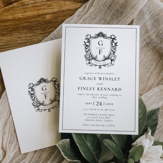Elegant French Roses Monogram Crest Wedding Invitation (Creator Uploaded)