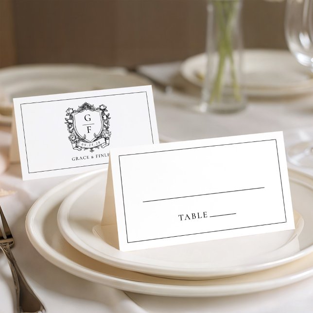 Elegant French Roses Monogram Crest Wedding Place Card (Creator Uploaded)