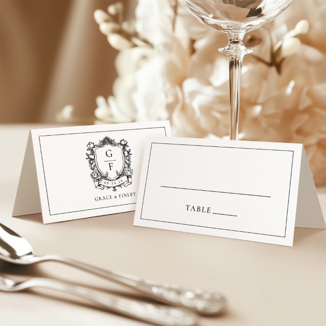 Elegant French Roses Monogram Crest Wedding Place Card (Creator Uploaded)