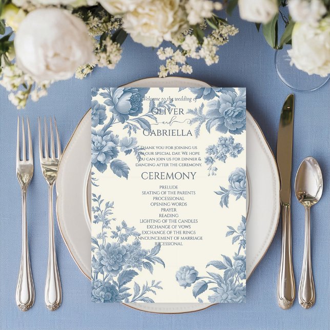 Elegant French toile Blue Floral Wedding Program (Creator Uploaded)