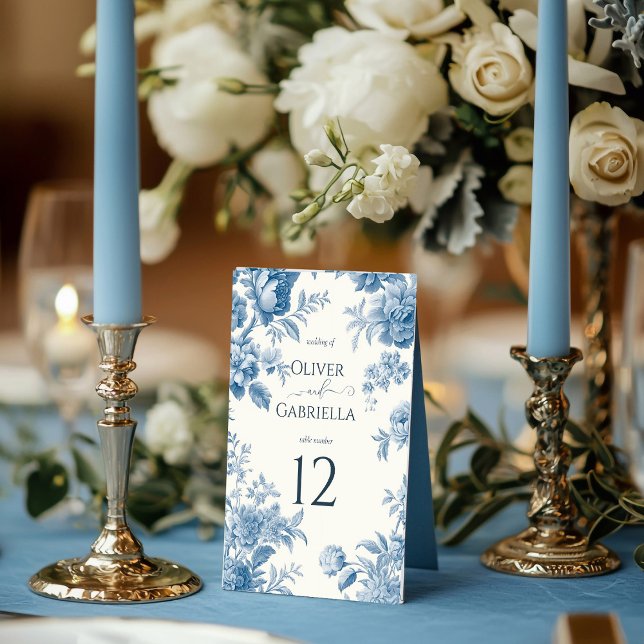 Elegant French toile Blue Floral Wedding  Table Number (Creator Uploaded)