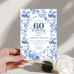 Elegant French Toile Blue Roses 60th Birthday   Invitation