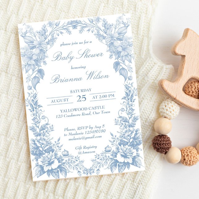 Elegant French toile chinoiserie blue baby shower Invitation (Elegant French toile chinoiserie blue baby shower Invitation editable template boy baby shower)