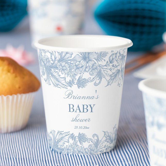 Elegant French toile chinoiserie blue baby shower Paper Cups (Elegant French toile chinoiserie dusty blue baby shower personalized Paper Cups customized decor)