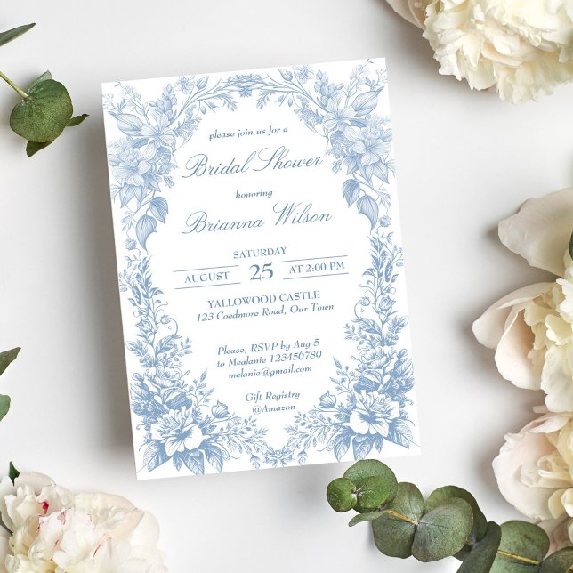 Elegant French toile chinoiserie blue bridal Invitation (Elegant French garden toile chinoiserie dusty blue bridal editable Invitation instant download)