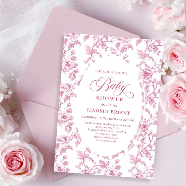 Elegant French Toile Roses Pink Baby Shower Invite (Elegant French Toile Roses Pink Baby Shower Invitation)