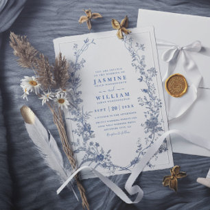 Elegant French Vintage Blue Floral Modern Wedding Invitation