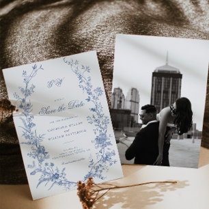 Elegant French Vintage Blue Floral Save The Date Invitation