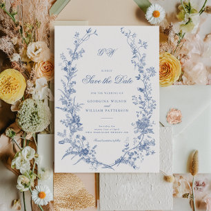 Elegant French Vintage Blue Floral Save The Date Invitation