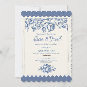 Elegant French Vintage Blue Floral Wedding Invitation