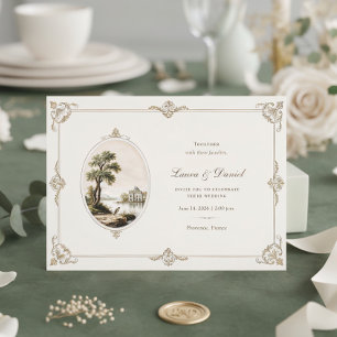 Elegant French Vintage Chateau Horizontal Wedding Invitation