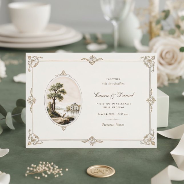 Elegant French Vintage Chateau Horizontal Wedding  Invitation (Creator Uploaded)