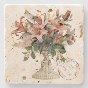 Elegant french watercolor flowers with stamp stone coaster