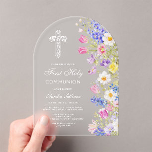 Elegant Fresh Meadow Flowers Arch First Communion Acrylic Invitations