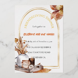 Elegant Friendsgiving Dinner Harvest Design Gold Foil Holiday Card