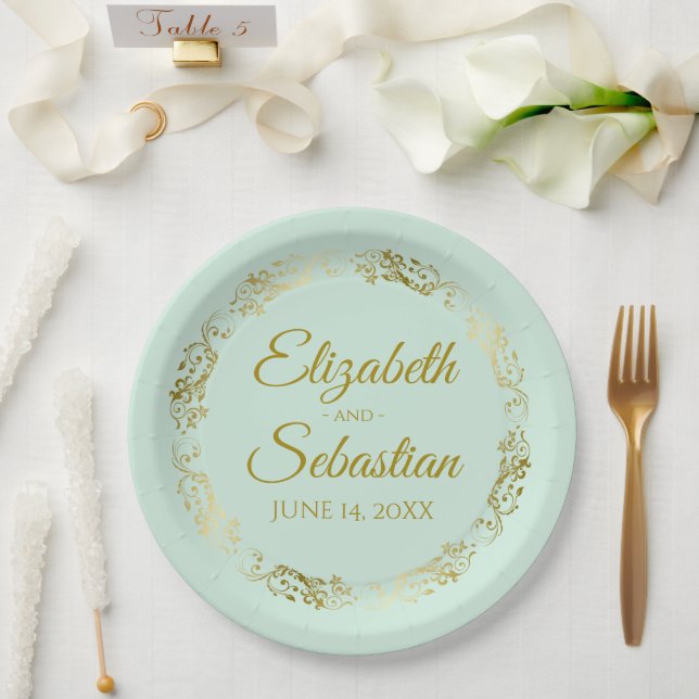 Elegant Frilly Border Mint Green & Gold Wedding Paper Plate (Wedding)