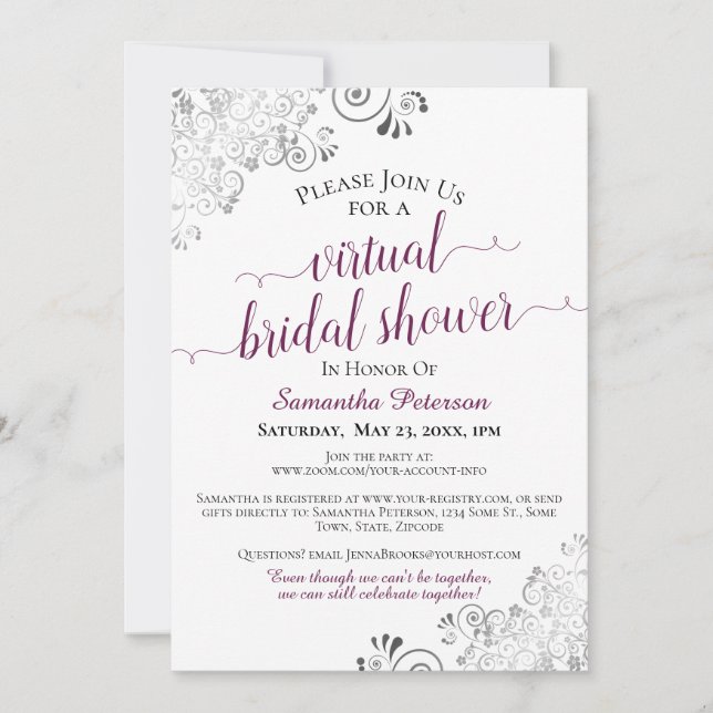 Elegant Frilly Cassis White Virtual Bridal Shower Invitation (Front)