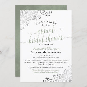 Elegant Frilly Sage on White Virtual Bridal Shower Invitation