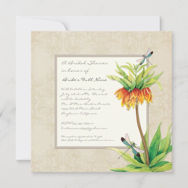 Elegant Fritillaria n Dragonfly Bridal Shower Invitation (Front)