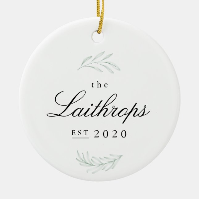 Elegant Fronds Newlywed First Christmas Ornament (Front)