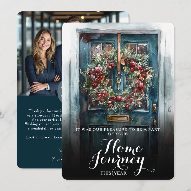 Elegant Front Door Realtor Logo Photo Christmas Holiday Card (Front/Back)