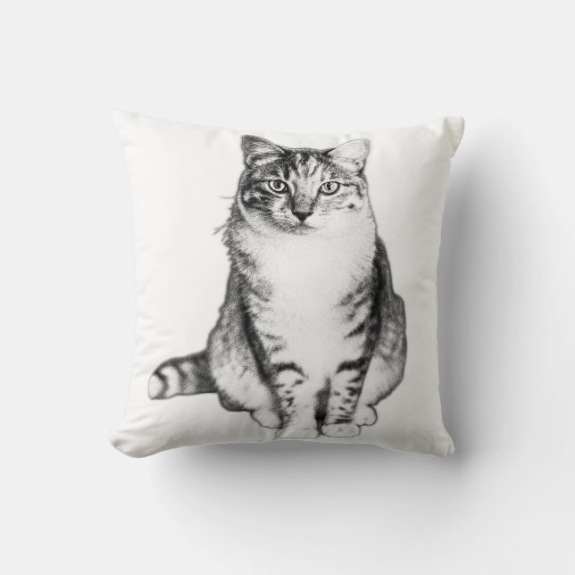 Elegant Front‑Facing Tabby Cat Ink Art Pillow (Front)