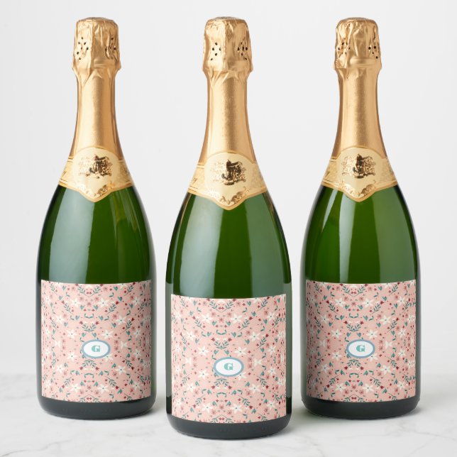 Elegant  froral  Pink   Sparkling Wine Label (Bottles)