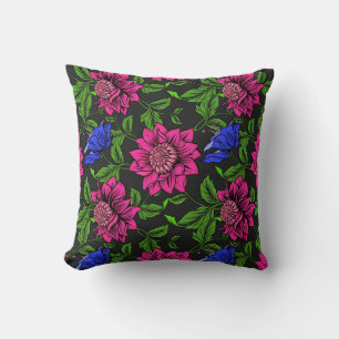 Elegant Fuchsia And Blue Flower Black Background Cushion